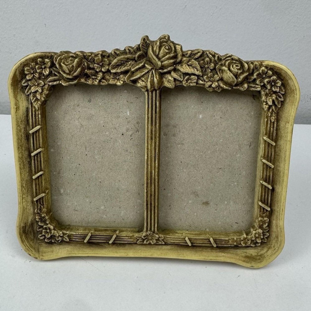 Vtg Taiwan Double Picture Frame Floral Rose Gold Ornate Cottagecore Decor